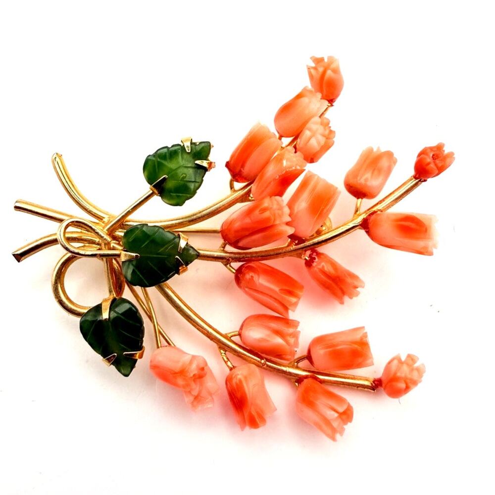 Vintage MCM Angel Skin Coral Jade Carved Floral Spray Bouquet Brooch Pin